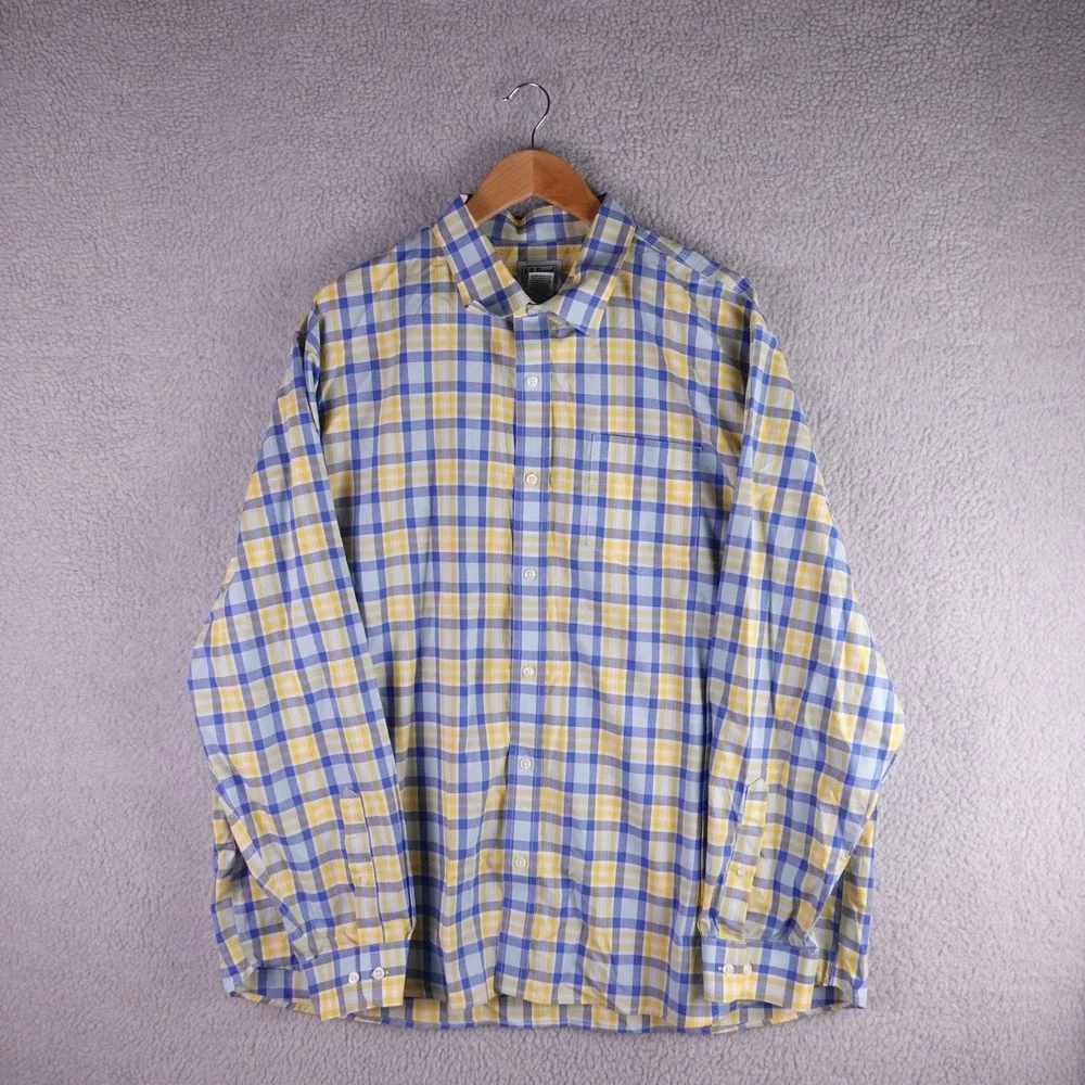 LL Bean Mens XXL Traditional Fit Plaid Button Down Shirt Blue Yellow 519207